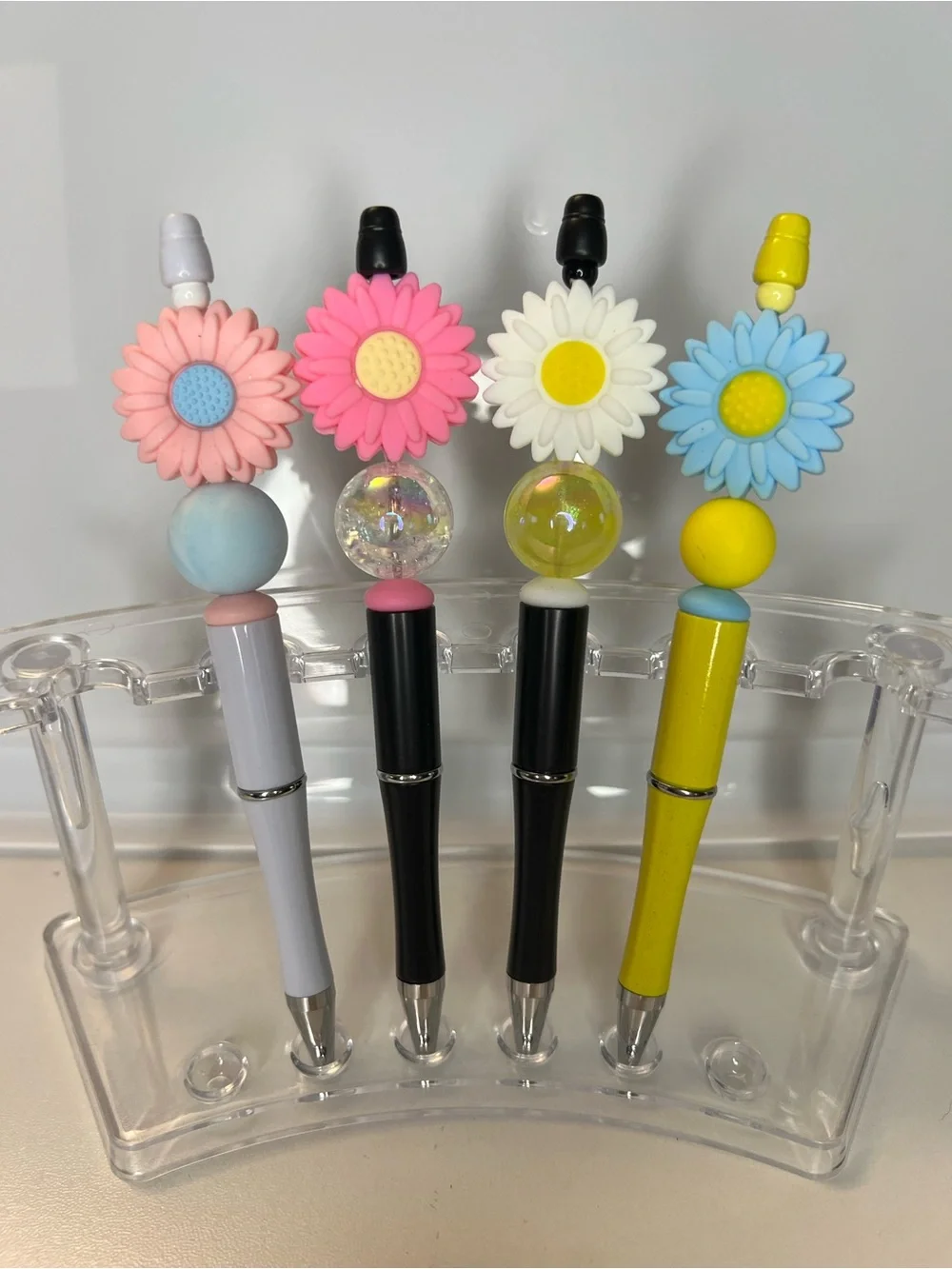 Set of 4 Handmade Daisy Pens - Pink, White, Blue, Yellow